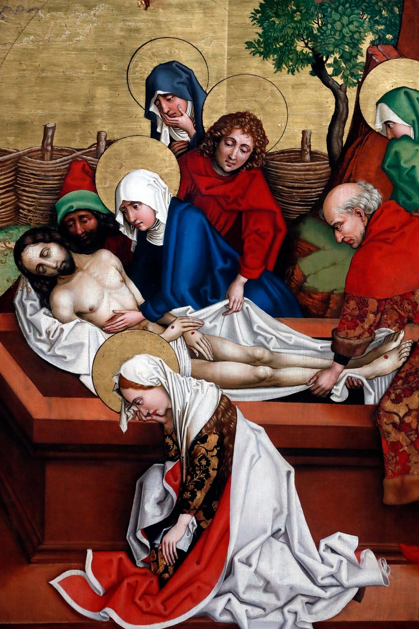 Jesus placeras i graven (olja på träpanel) av Martin Schongauer