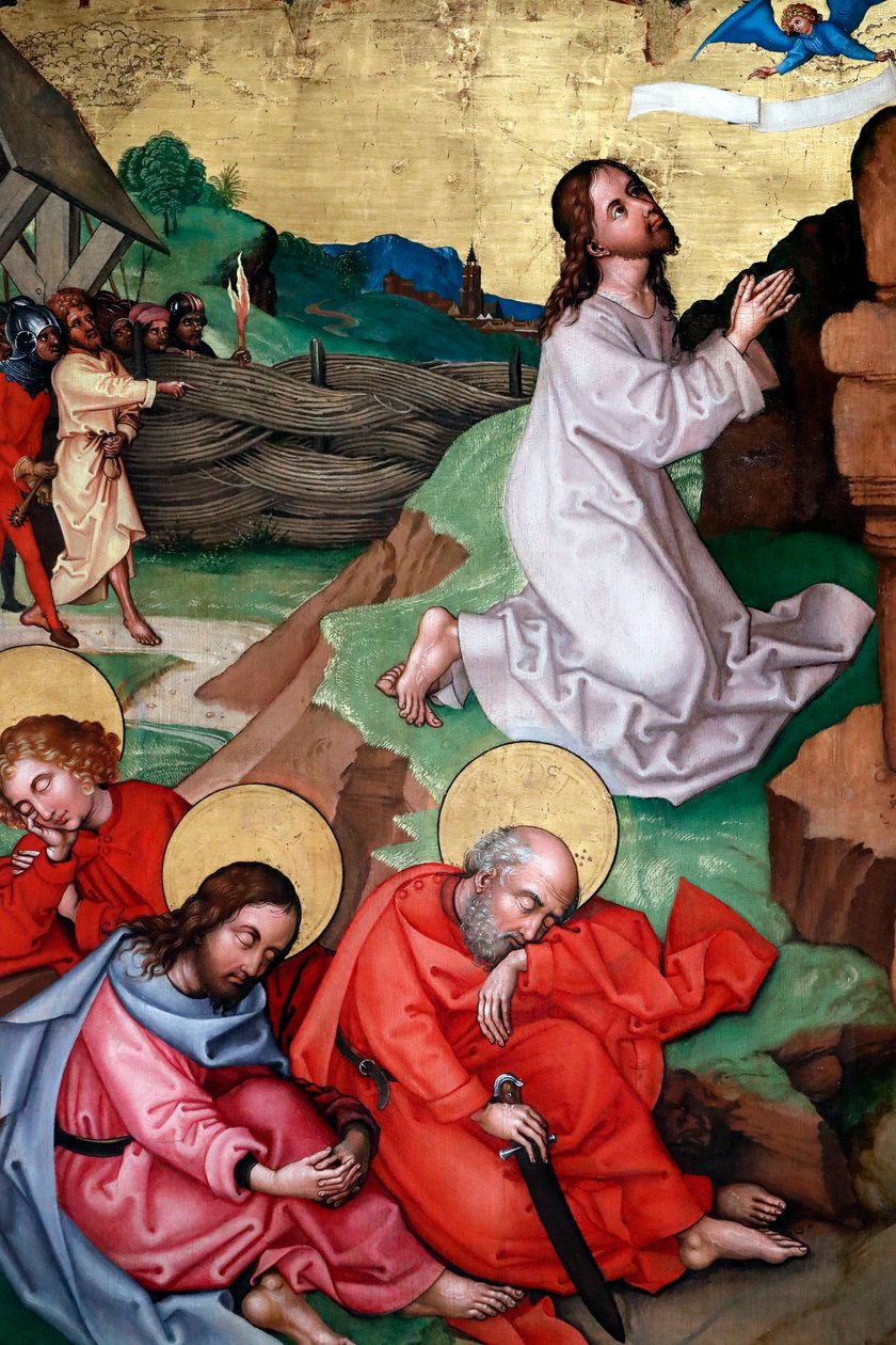 Jesus ber i Getsemane trädgård efter den sista måltiden, medan lärjungarna sover av Martin Schongauer