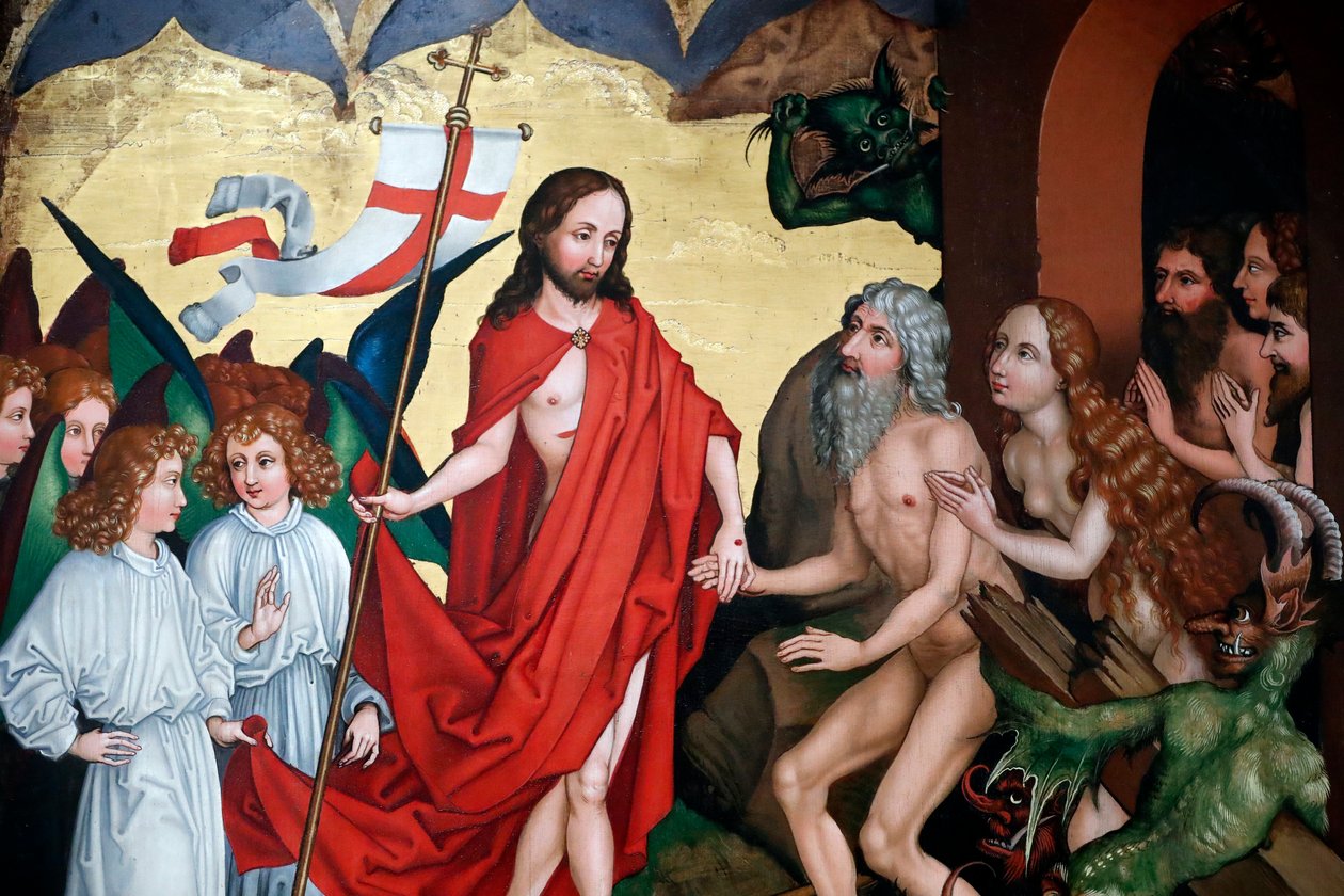 Jesus drar Adam och Eva ut ur deras gravar vid uppståndelsen av Martin Schongauer
