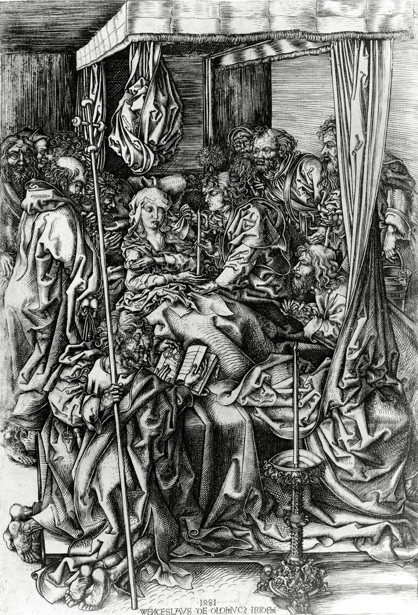 Jungfruns död, graverad av Wenzel von Olmutz, 1481 av Martin Schongauer