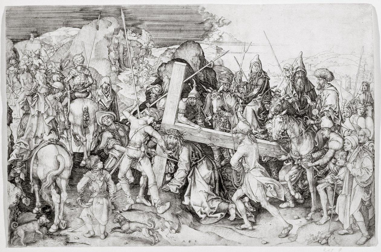 Den stora korsbäraren, ca 1474 (linjestick) av Martin Schongauer
