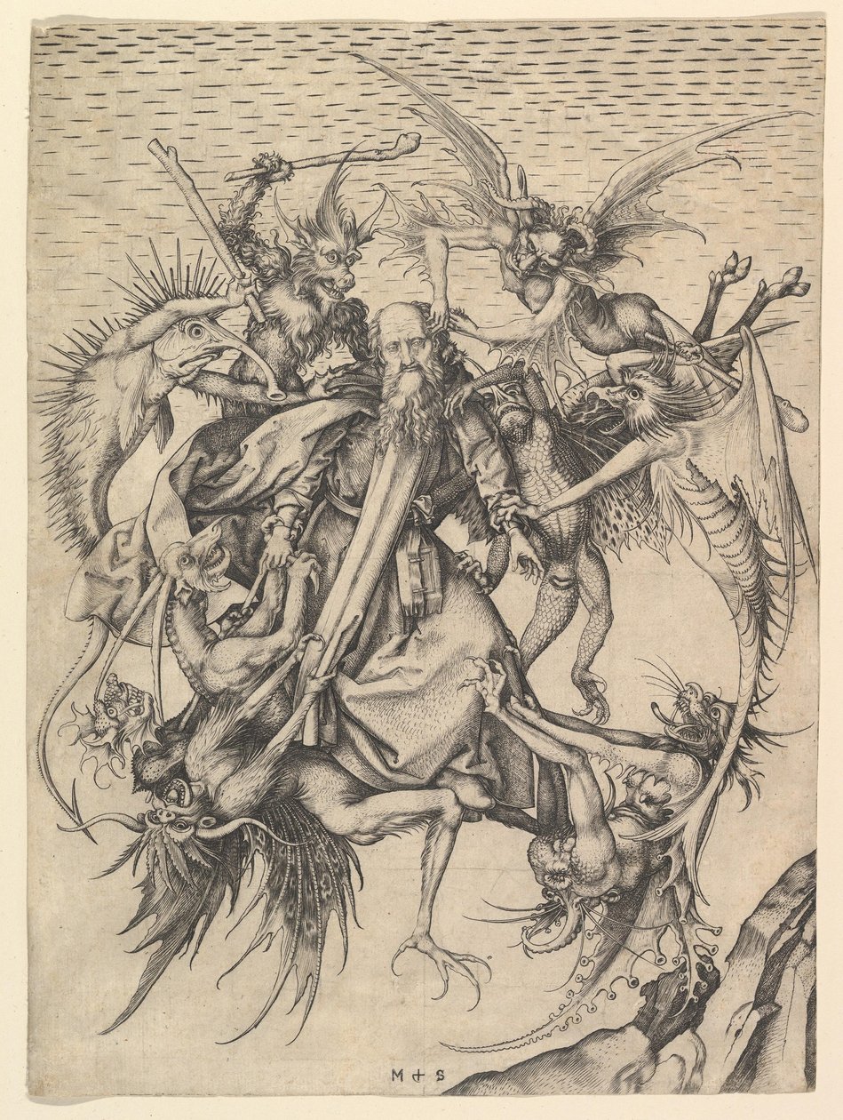 Antonius frestelse av Martin Schöngauer ca 1480-90. Gravyr av Martin Schongauer