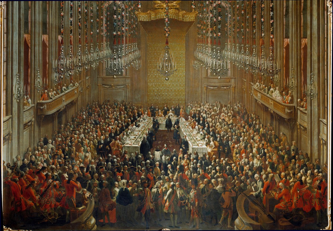 Bankett i samband med bröllopet av kejsar Josef II och Isabella av Parma den 10/06/1760. Med Mozart stående i orkestern av Martin (and studio) Mytens or Meytens