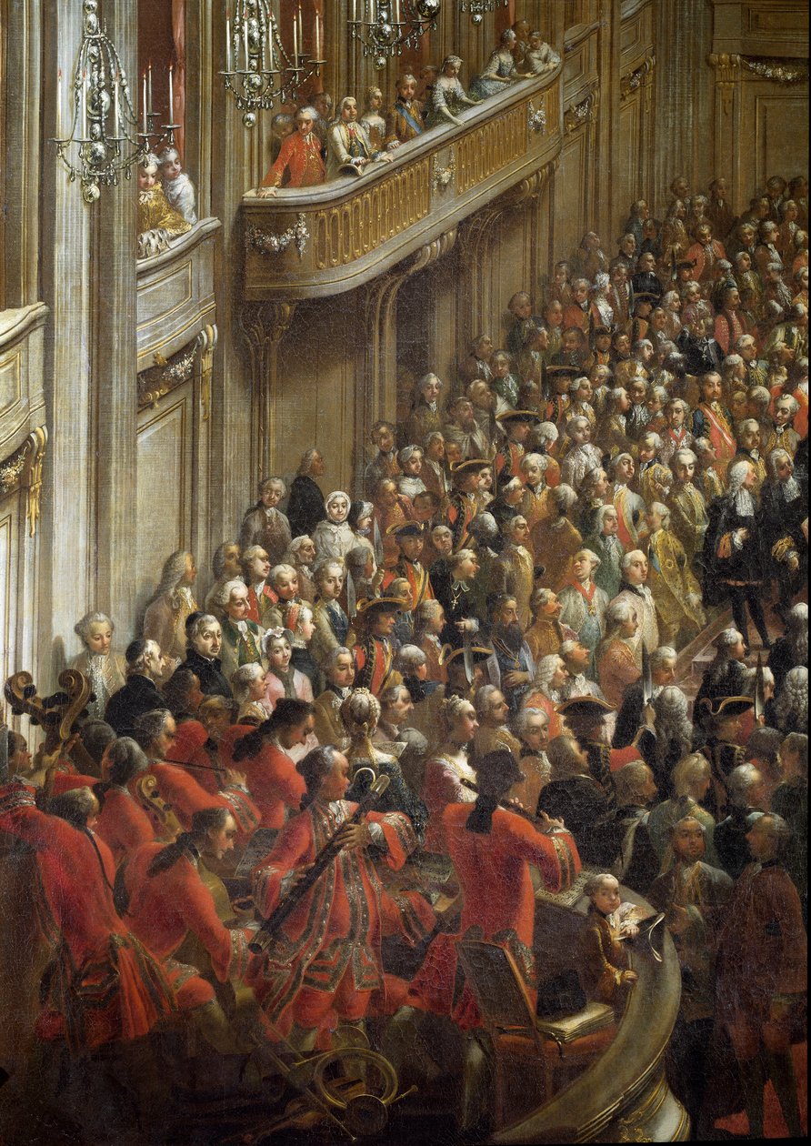 Mozart barn nära musikerna. detalj av officiell bankett för prinsessan Isabellas bröllop av Parma med kejsar Josef II (målning av Martin (and studio) Mytens or Meytens