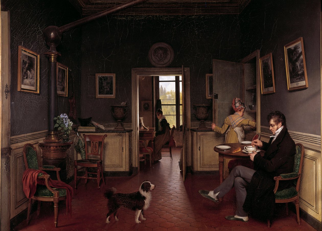 En interiörvy av en matsal 1815 En man i en toffel tar sin frukost framför hundens ögon. Målning av Martin Drolling (1752-1817) av Martin Drölling