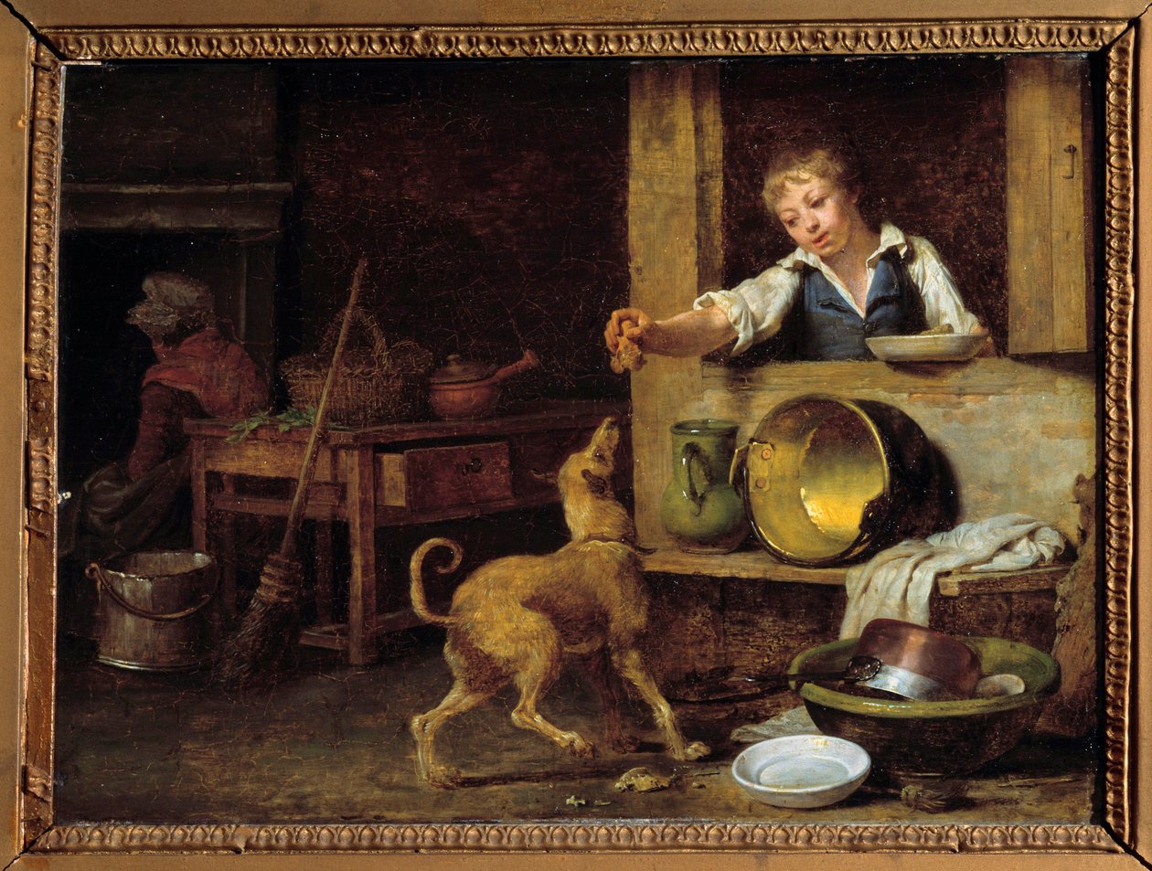 Köksinredning En ung tjänare ger hunden resterna. Målning av Martin Drolling (1752-1817) 1800-talets Orleans, Museum of Fine Arts av Martin Drölling