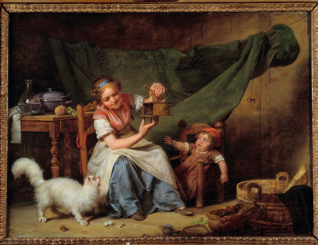 Kvinnan och musen En flicka håller en musfångare framför katten och en bebis. Målning av Martin Drolling (1752-1817) 1798 sön. 0,25x0,35 m Orleans. Museum of Fine Arts av Martin Drölling