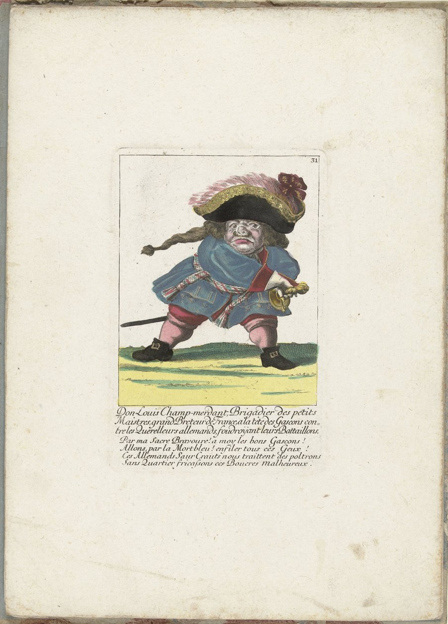 De Franse dwerg Don Luis Champ-merdant, ca. 1710 Don Luis Champ-merdant, Brigadier of the Little Masters, Grand Breteur of France, i spetsen för Gascons mot de tyska grälarna, slår ner deras bataljoner (titel på objekt) Il Callotto återupplivades av Martin Engelbrecht (attributed to)