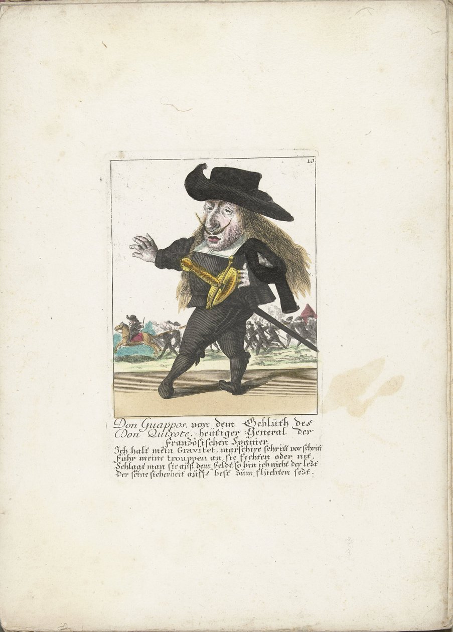 Den spanska dwerg Don Guappos, ca 1710 Don Guappos, från blodet av Don Quijote, dagens general för de franska spanjorerna (titel på objektet) Il Callotto resurcitato eller nyinrett litet skåp (serietitel) av Martin Engelbrecht (attributed to)