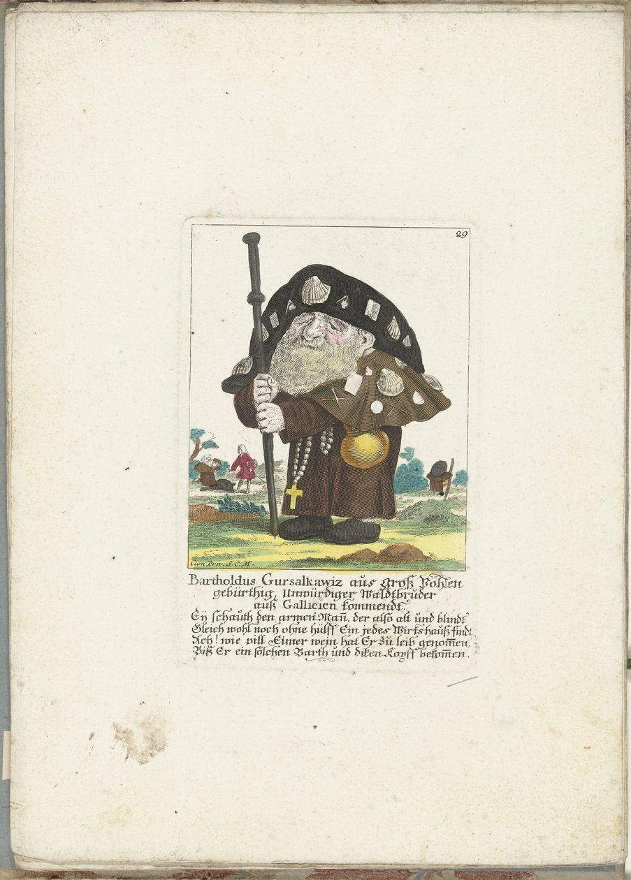 De dwerg Bartholdus Gursalkawiz som pelgrim uit Compostella, ca 1710 Bartholdus Gursalkawiz, född i Groß Pohlen, ovärdig skogsbror från Gallicien (titel på objekt) Il Callotto resurcitato eller nyinrett litet skåp (serie av Martin Engelbrecht (attributed to)