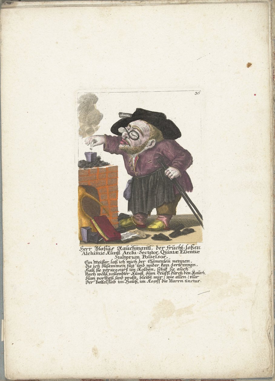 De werg Blasius Rauchmantl som alkemist, ca. 1710 Herr Blasius Rauchmantl, der frucht-loßen Alchimie kunst Ärkesekterisk, innehavare av dårarnas femte väsen (titel på objektet) Il Callotto resurcitato oder Neu eingrichtes Zwerchen Cabinet (serie ti av Martin Engelbrecht (attributed to)