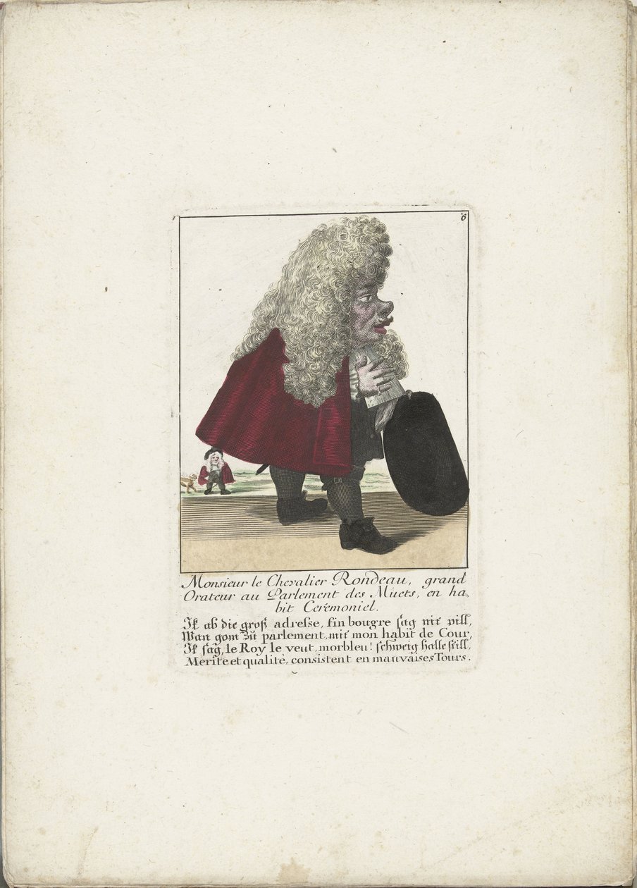 Från dwerg Chevalier Rondeau als een parlamentslid, ca. 1710 Monsieur le Chevalier Rondeau, stortalare i de stummas parlament, i ceremoniell klädsel (titel på objektet) Il Callotto resurcitato oder Neu eingerichtes Zwerchen Cabinet (serietitel) av Martin Engelbrecht (attributed to)