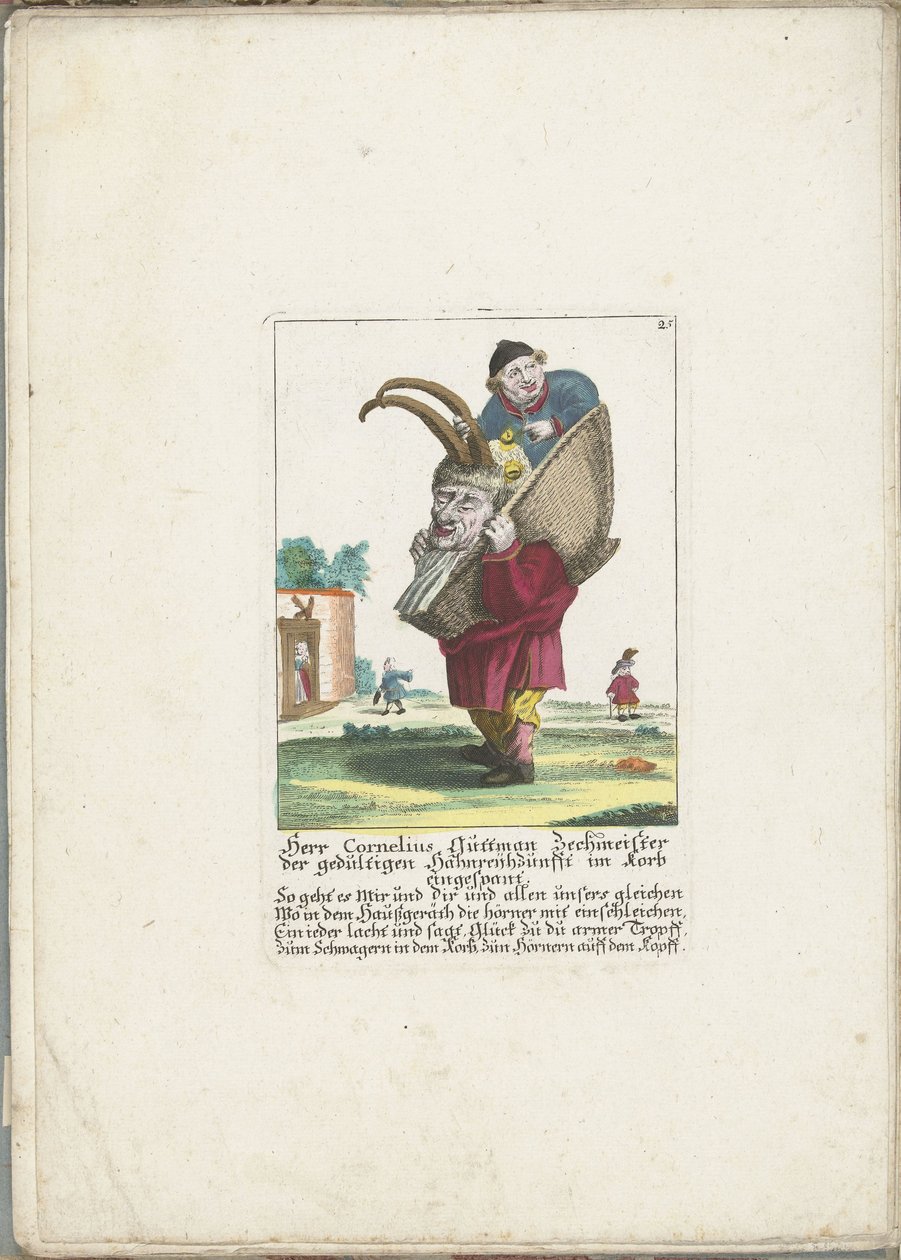 De dwerg Cornelius Guttman som hoorndrager, ca 1710 Herr Cornelius Guttman, fylleristen från det tålmodiga hanskrået, spänt i en korg (titel på föremålet) Il Callotto resurcitato eller nyinrett litet skåp (serietitel) av Martin Engelbrecht (attributed to)
