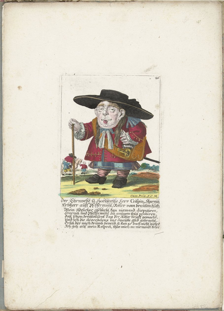 De dwerg Crispin Skarnitz, ca 1710 Ehrnveste och Hochweiße Herr Crispin, Skarnitz ärftlig herre auff Pfeffermühl, riddare av braitten huth (titel på objekt) Il Callotto resurcitato eller nyinrett litet skåp (serietitel) av Martin Engelbrecht (attributed to)