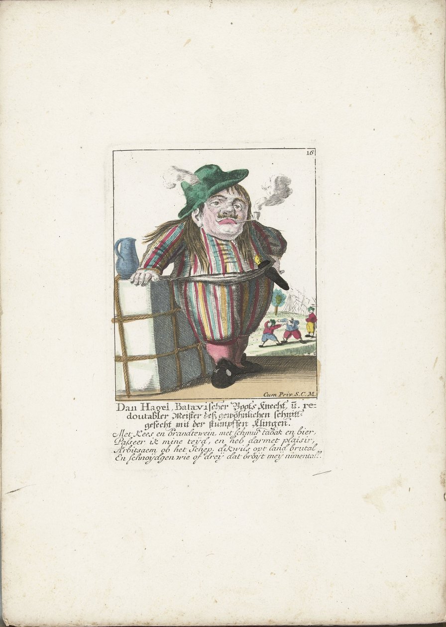 Dwergen Dan Hagel som holländsk båtsman, omkring 1710 Dan Hagel, batavisk båtsman och fördubblad mästare i den vanliga skärningsstriden med det trubbiga bladet (titel på objekt) Il Callotto resurcitato eller Nyinredd Dwarf Cabi av Martin Engelbrecht (attributed to)