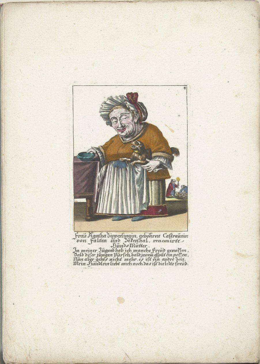 De dwerg Frau Agatha Zipperlingin met hondje, ca 1710 Fru Agatha Zipperlingin, född Castaunin von Falten und Zeckerthal, känd hundmamma (titel på objektet) Il Callotto resurcitato eller nyinrett litet skåp (serietitel) av Martin Engelbrecht (attributed to)