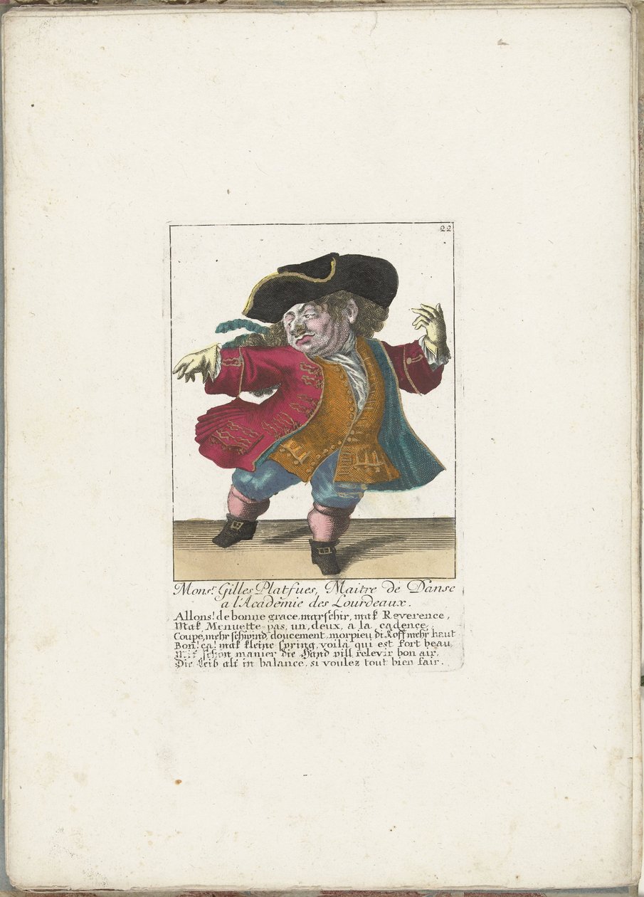Dvärgen Gilles Platfues som fransk dansmästare, ca. 1710 Mgr. Gilles Platfues, dansmästare vid Academie des Lourdeaux (titel på objekt) Il Callotto resurcitato eller nyutnämnd Zwerchen-kabinett (serietitel) av Martin Engelbrecht (attributed to)