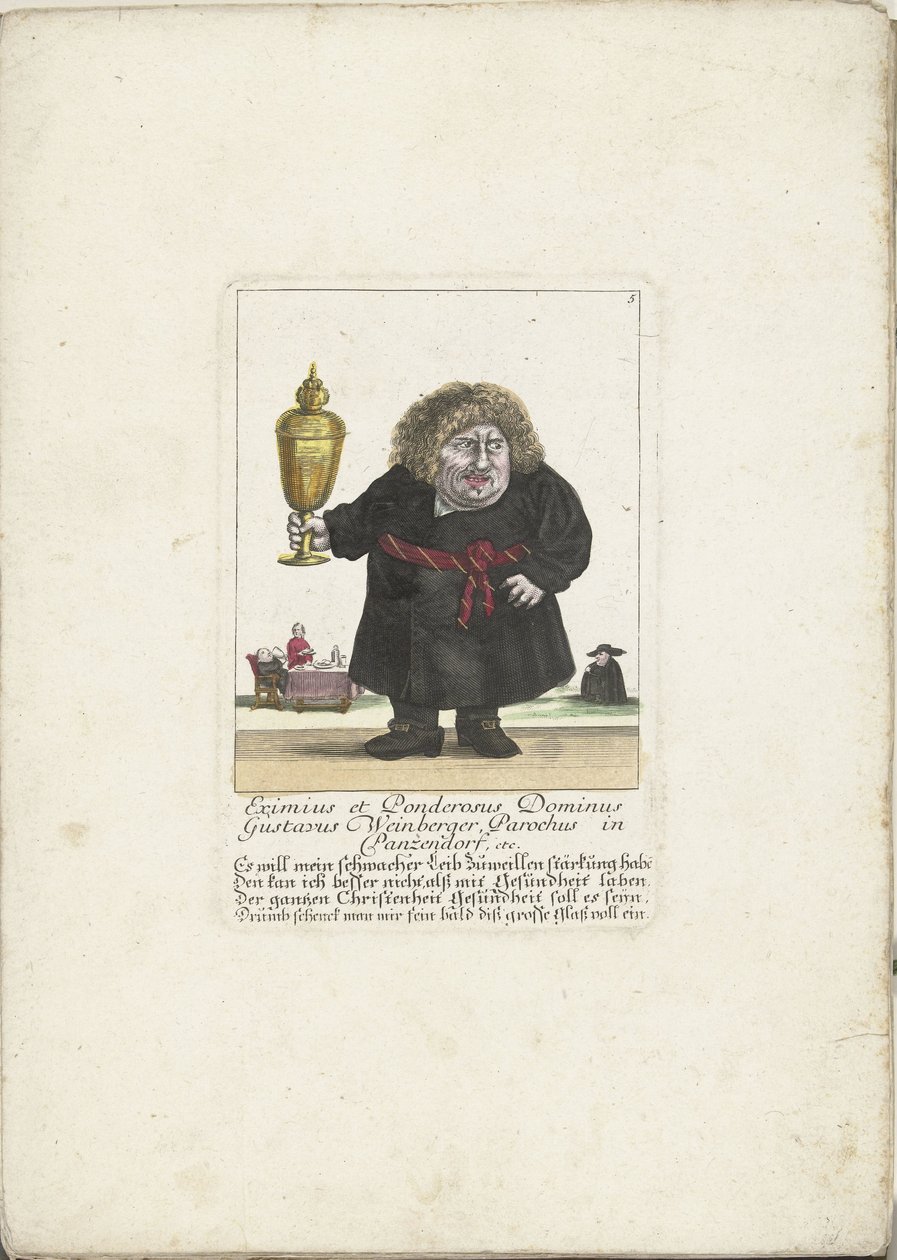 Dvärgen Gustavus Weinberger som präst med en kopp, ca 1710 Eximius et Ponderosus Dominus Gustavus Weinberger Socken i Panzendorf, etc. (titel på objekt) Il Callotto resurcitato oder Neu eingerichts Zwerchen Cabinet (serietitel) av Martin Engelbrecht (attributed to)