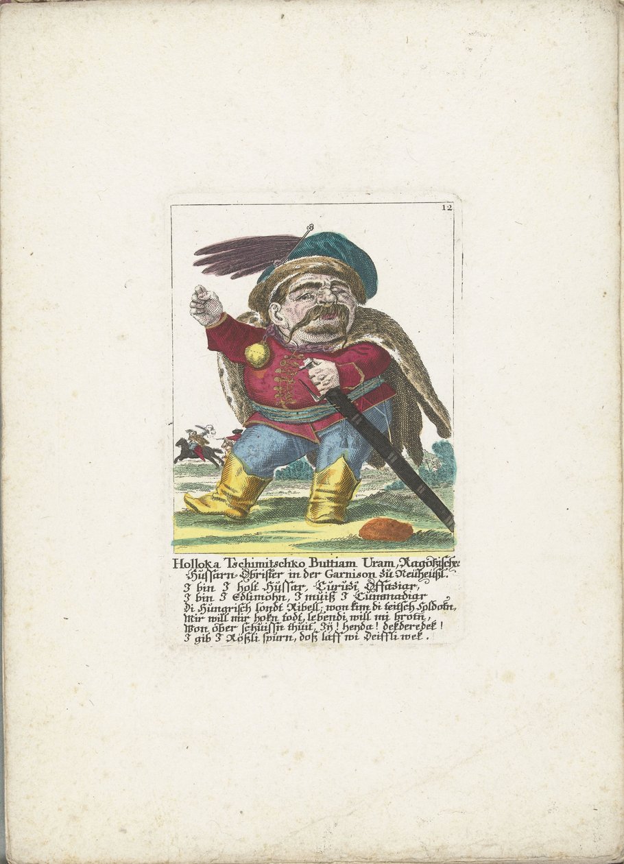 De dwerg Holloka Chimichko Buttiam uranium as huzaar, ca 1710 Holloka Tschimitschko Buttiam Uran, Ragoßischer Hussarns överste i Neuheussl-garnisonen (titel på objektet) Il Callotto resurcitato eller nyinrett litet skåp (serietitel) av Martin Engelbrecht (attributed to)