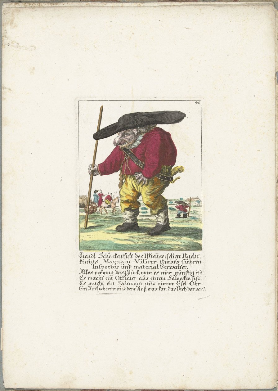 De dwerg Liendl Schnekenfist, ca 1710 Liendl Schnekenfist från Wienerisches Nacht-Kings Magazin-Visirer, Ambts körde inspektör och materialadministratör (titel på objekt) Il Callotto resurcitato eller nyinrett litet skåp (serietitel) av Martin Engelbrecht (attributed to)