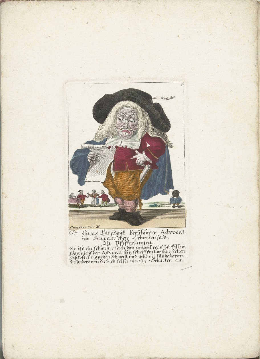 De dwerg Lucas Hirnzwik as een advocaat, ca 1710 dr Lucas Hirnzwik, berömd advokat i Schwabiska Schnekenfeld, om kantareller (titel på objekt) Il Callotto resurcitato eller nyinrett litet skåp (serietitel) av Martin Engelbrecht (attributed to)