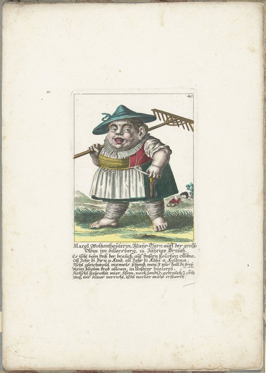 Dvärgen Margl Woltzenthoulerin, ca. 1710 Margl Woltzenthoulerin, Mayr-Thirn auff der grossn Olbm im Zillersberg, 12. Jährige Brauth (titel på objekt) Il Callotto resurcitato eller nyutnämnd Zwerchen-kabinett (serietitel) av Martin Engelbrecht (attributed to)