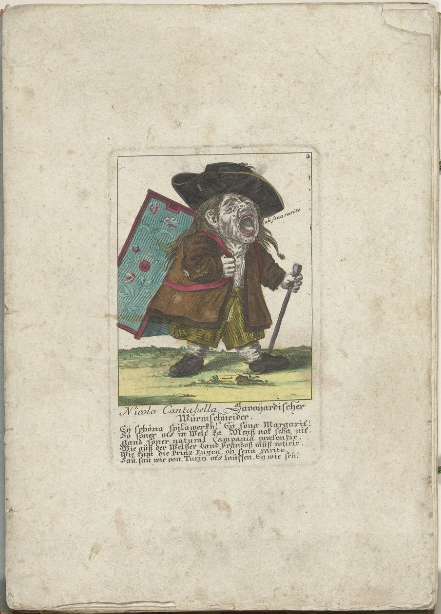 De dwerg Nicolo Cantabella, ca 1710 Nicolo Cantabella, Savoyard maskskärare (titel på objekt) Il Callotto resurcitato eller nyinrett litet skåp (serietitel) av Martin Engelbrecht (attributed to)