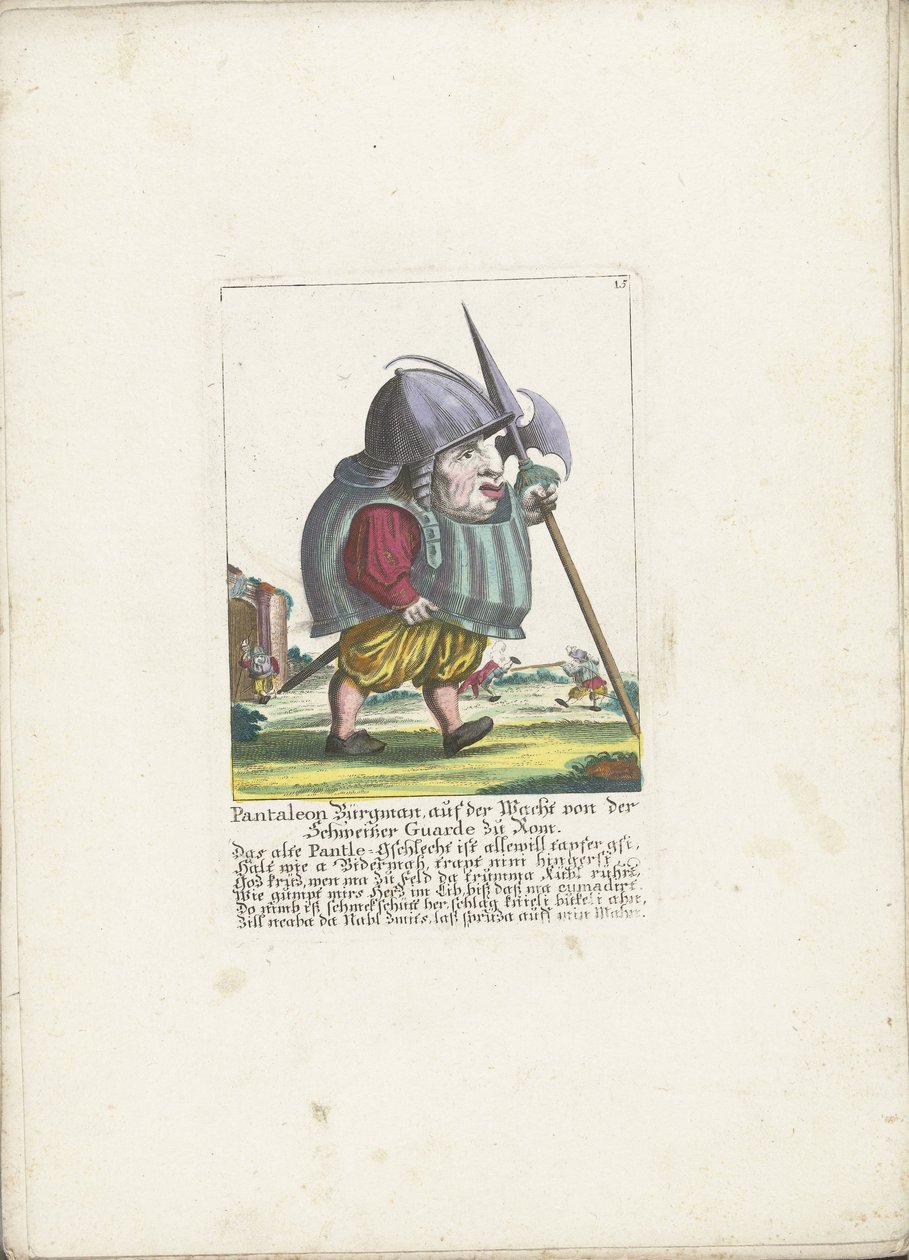 Dwerg Pantaleon Bürgman van de Zwitserse Garde te Rom, ca 1710 Pantaleon Bürgman, vakttjänst från schweiziska gardet i Rom (titel på objekt) Il Callotto resurcitato eller nyinrett litet skåp (serietitel) av Martin Engelbrecht (attributed to)