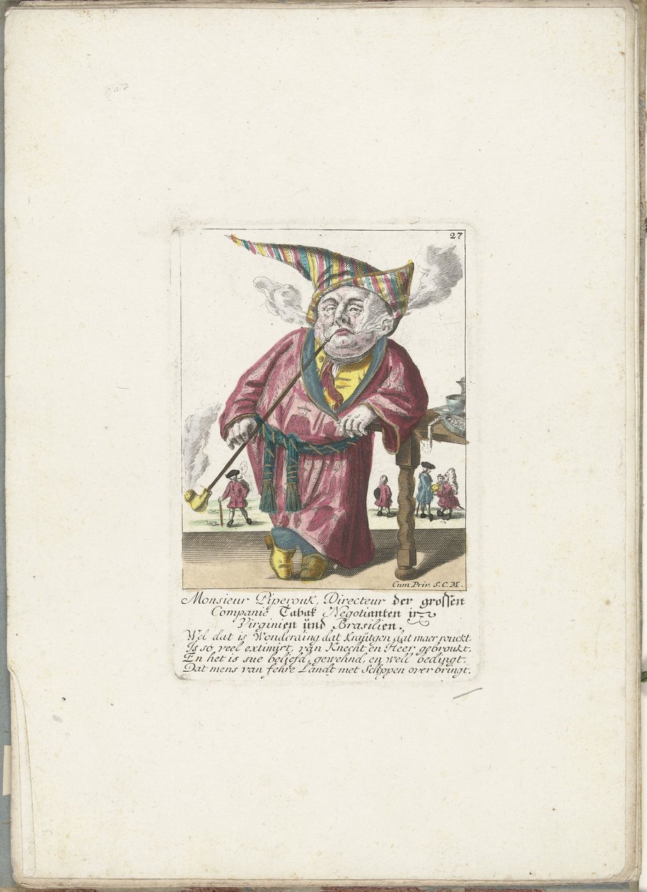 De dwerg Piperouk som direktör för en tobaksaffär, omkring 1710 Monsieur Piperouk, direktör för storföretaget Tabak Negotianten i Virginia och Brasilien (titel på objekt) Il Callotto resurcitato eller nymöblerat litet skåp (serietitel av Martin Engelbrecht (attributed to)