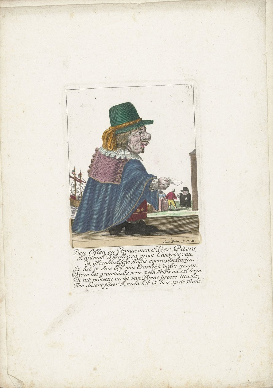 Dwarf Piters Kahlmüß Wisseller som valfångare, ca 1710 Den Edlen och Vornaemen Heer Piters Kahlmüß Wisseller och Groot Canzeler från Greenlandische Walfis correspondenzien (titel på objektet) Il Callotto resurcitato oder Neu eingerichts Zwerchen C av Martin Engelbrecht (attributed to)
