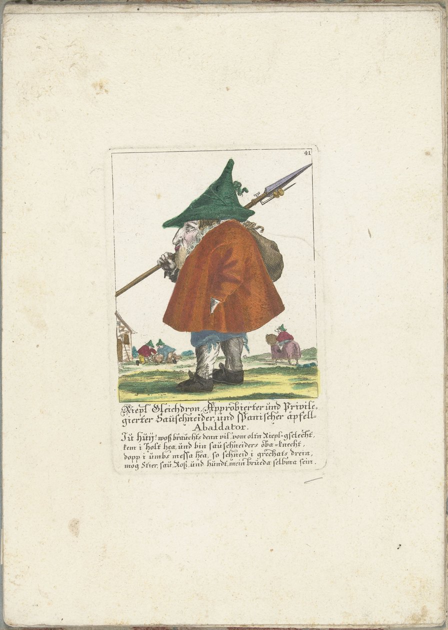 Dwerg Riepl Gleichdron, ca 1710 Riepl Gleichdron, licensierad och privilegierad korvskärare och spansk äppelabaldator (titel på objektet) Il Callotto resurcitato eller nyinrett litet skåp (serietitel) av Martin Engelbrecht (attributed to)