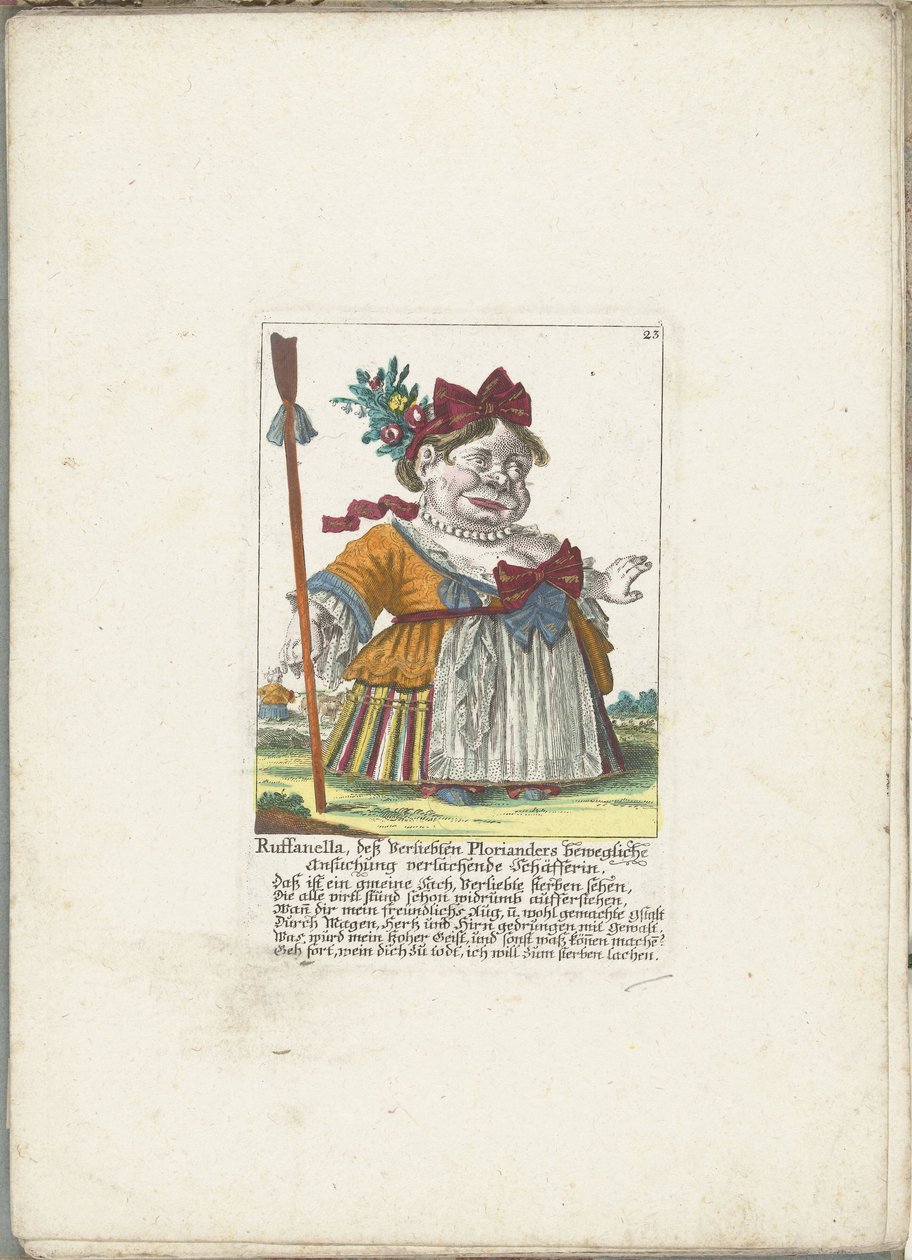 De dwerg Ruffanella som herde, ca 1710 Ruffanella, herdinna som skrattar åt Plorianders rörande begäran (titel på objektet) Il Callotto resurcitato eller nyinrett litet skåp (serietitel) av Martin Engelbrecht (attributed to)