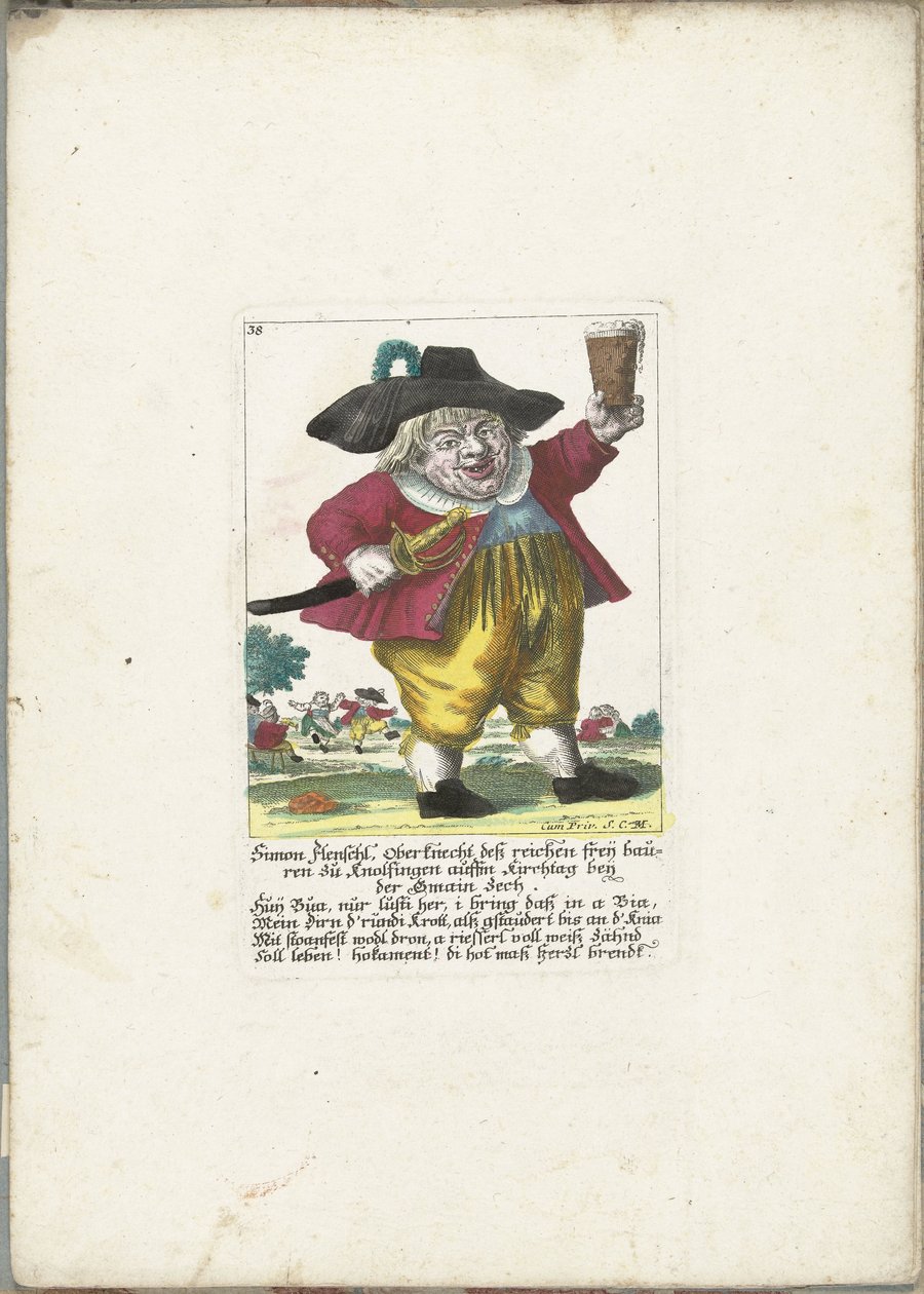 Dwergen Simon Flenschl, ca 1710 Simon Flenschl, förman för de rika Freij-bönderna i Knolsingen på Kirchtag nära Gmain Zech (titel på objekt) Il Callotto resurcitato eller nyinrett litet skåp (serietitel) av Martin Engelbrecht (attributed to)