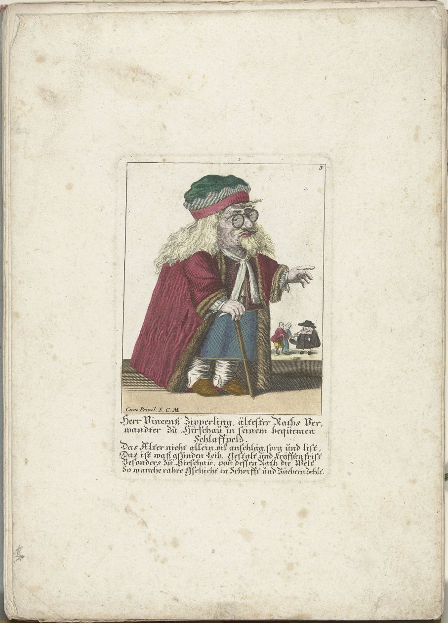 Dwergen Vincentz Zipperling i een bontjas, ca 1710 Herr Vincentz Zipperling, Raths äldsta släkting i Hirschau, i sin bekväma slappa rock (titel på objektet) Il Callotto resurcitato eller nyinrett litet skåp (serietitel) av Martin Engelbrecht (attributed to)