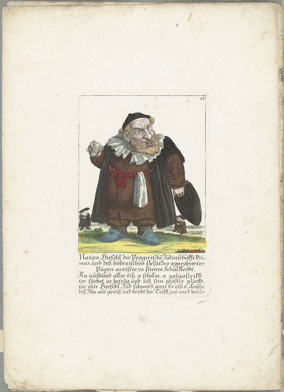 De joodse dwerg Natan Hirschl, ca 1710 Natan Hirschl, primat av judarna i Prag, och Püpen-maister godkänd av den hoebraiska lagen, i sina skolkläder (titel på objektet) Il Callotto resurcitato eller nyinredda Zwerchen-skåp (se av Martin Engelbrecht (attributed to)