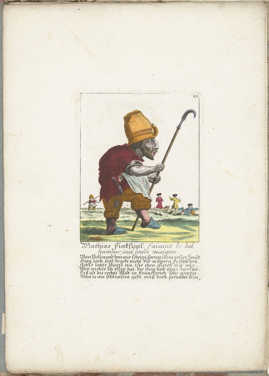 Den glade dvärgen Mathias Flecksippl, ca. 1710 Mathias Flecksippl, faisant le bel humeur aux jours maigres (titel på objekt) Il Callotto resurcitato eller nyutnämnd Zwerchen-kabinett (serietitel) av Martin Engelbrecht (attributed to)