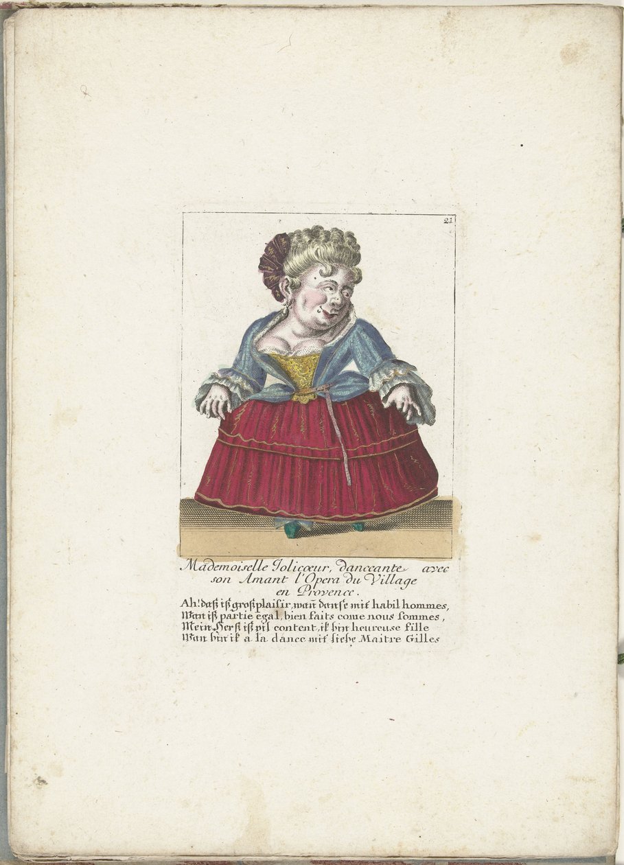Dwerg als de Franse Mademoiselle Jolicoeur, ca. 1710 Mademoiselle Jolicoeur, dansare med sin älskare på Opera du Village i Provence (titel på objektet) Il Callotto resurcitato oder Neu eingerichtes Zwerchen Cabinet (serietitel) av Martin Engelbrecht (attributed to)