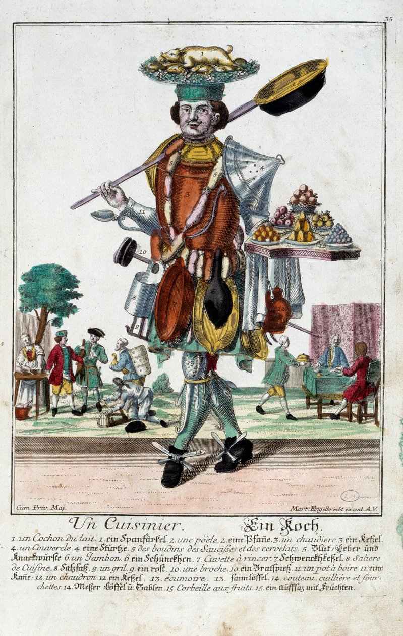 En kock. Gravyr av Martin Engelbrecht (1684-1756), i "" Ny sammansättning av manouvries habilles"" 1700-tal, Tyskland. Paris, Dekorativ konst av Martin Engelbrecht