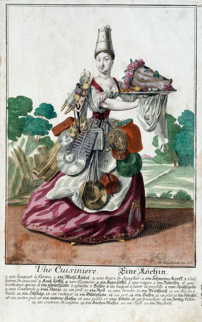 En kock. Gravyr av Martin Engelbrecht (1684-1756), i "" Ny sammansättning av manouvries habilles"" 1700-tal, Tyskland. Paris, Dekorativ konst av Martin Engelbrecht