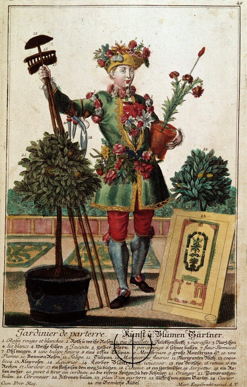 En trädgårdsmästare. Gravyr av Martin Engelbrecht (1684-1756), i "" Ny sammansättning av manouvries habilles"" 1700-tal, Tyskland. Paris, Dekorativ konst av Martin Engelbrecht