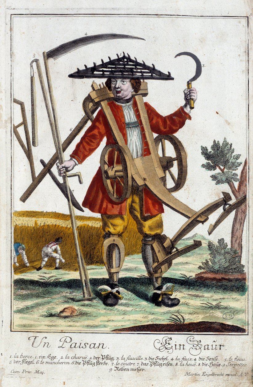 En bonde. Gravyr av Martin Engelbrecht (1684-1756), i "" Ny sammansättning av manouvries habilles"" 1700-tal, Tyskland. Paris, Dekorativ konst av Martin Engelbrecht