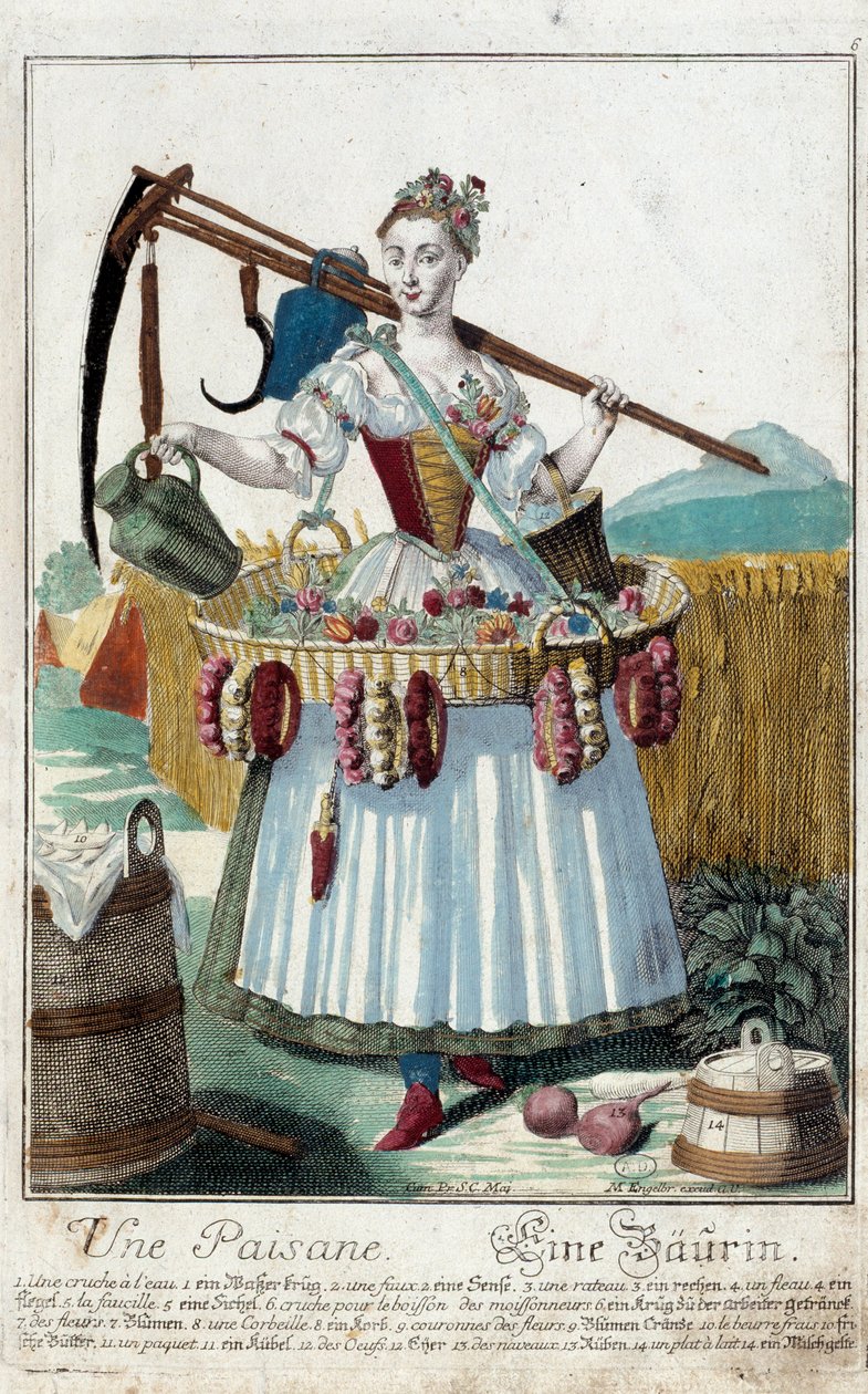 En bondkvinna. Gravyr av Martin Engelbrecht (1684-1756), i "" Ny sammansättning av manouvries habilles"" 1700-tal, Tyskland. Paris, Dekorativ konst. av Martin Engelbrecht