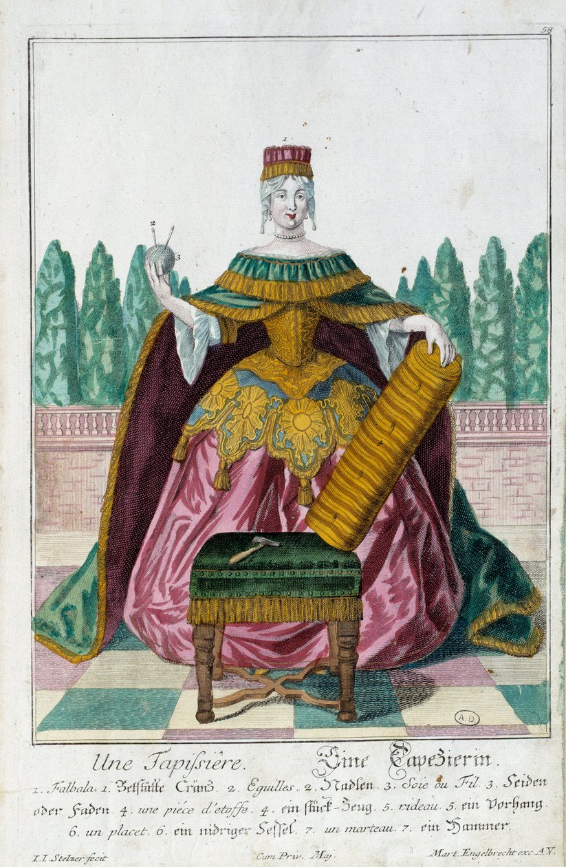 En klädsel. Gravyr av Martin Engelbrecht (1684-1756), i "" Ny sammansättning av manouvries habilles"" 1700-tal, Tyskland. Paris, Dekorativ konst av Martin Engelbrecht
