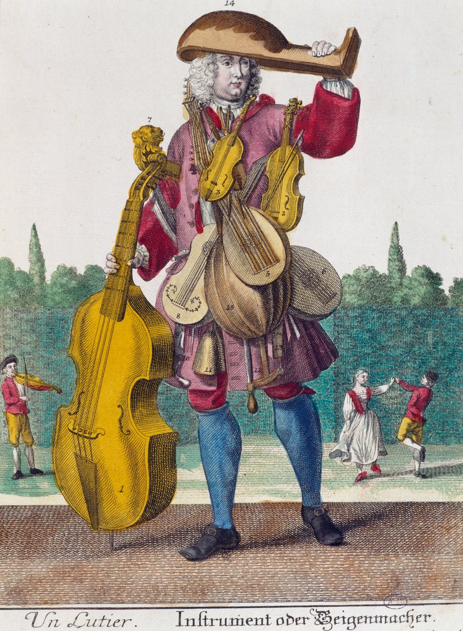 Lutspelare, gravyr från Assemblage des nouveau manouvries habilles av Martin Engelbrecht (1684-1756), Tyskland av Martin Engelbrecht