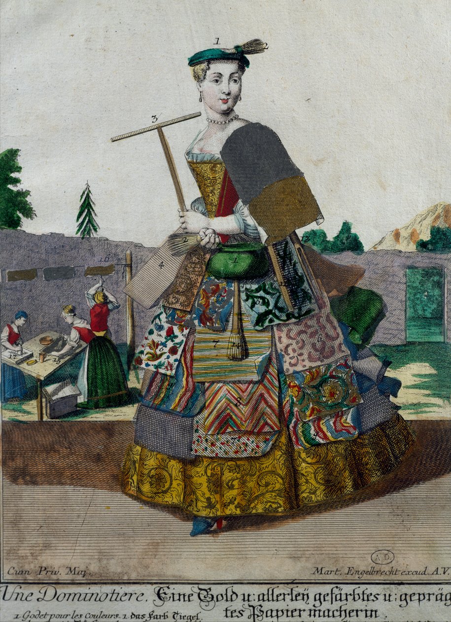 Tillverkare av färgat papper, gravyr från Assemblage des nouveau manouvries habilles Martin Engelbrecht (1684-1756), Tyskland av Martin Engelbrecht
