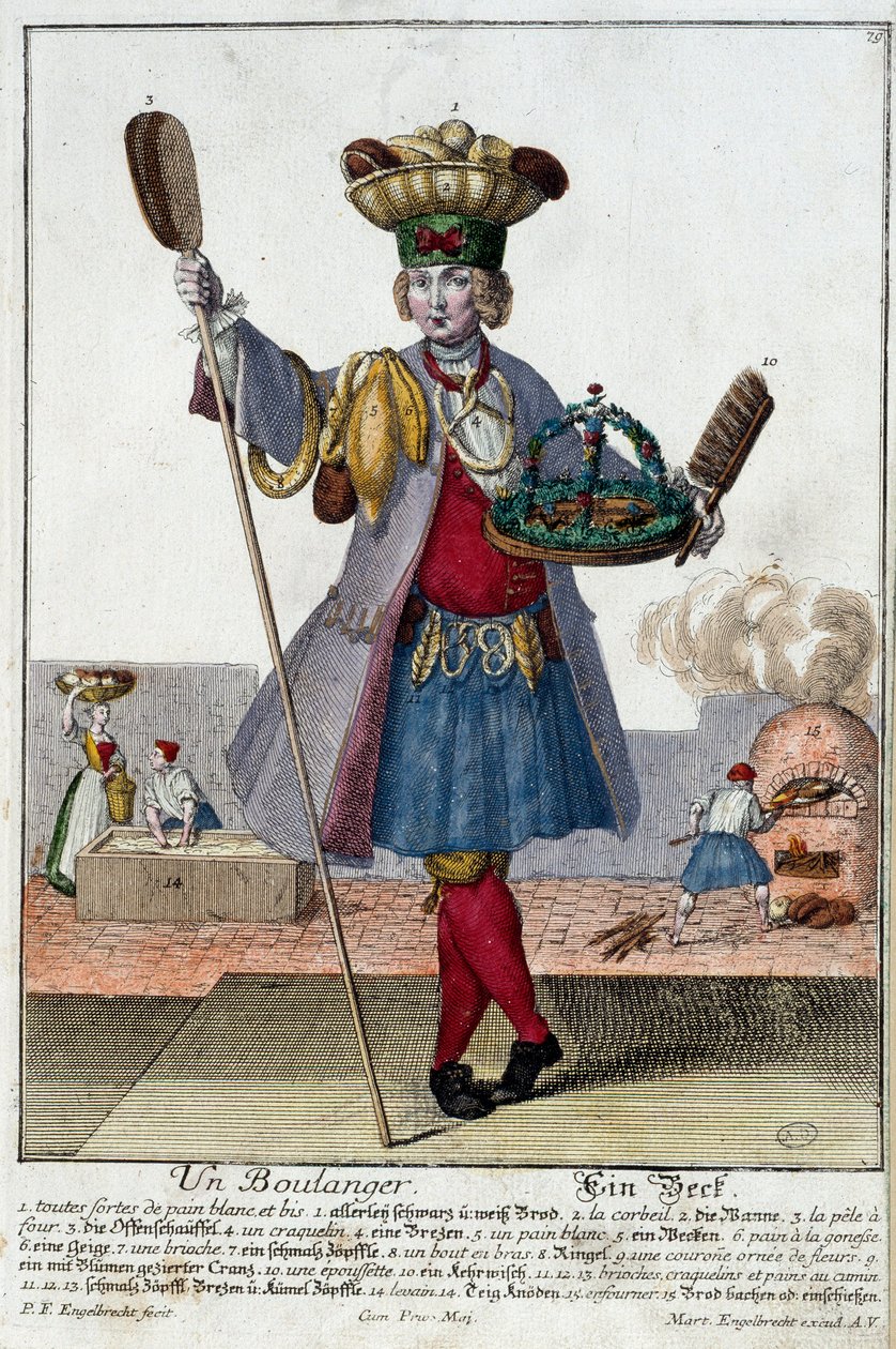 Metier: En bagare. Gravyr av Martin Engelbrecht (1684-1756), i "" Ny sammansättning av manouvries habilles"" 1700-tal, Tyskland. Paris, Dekorativ konst av Martin Engelbrecht