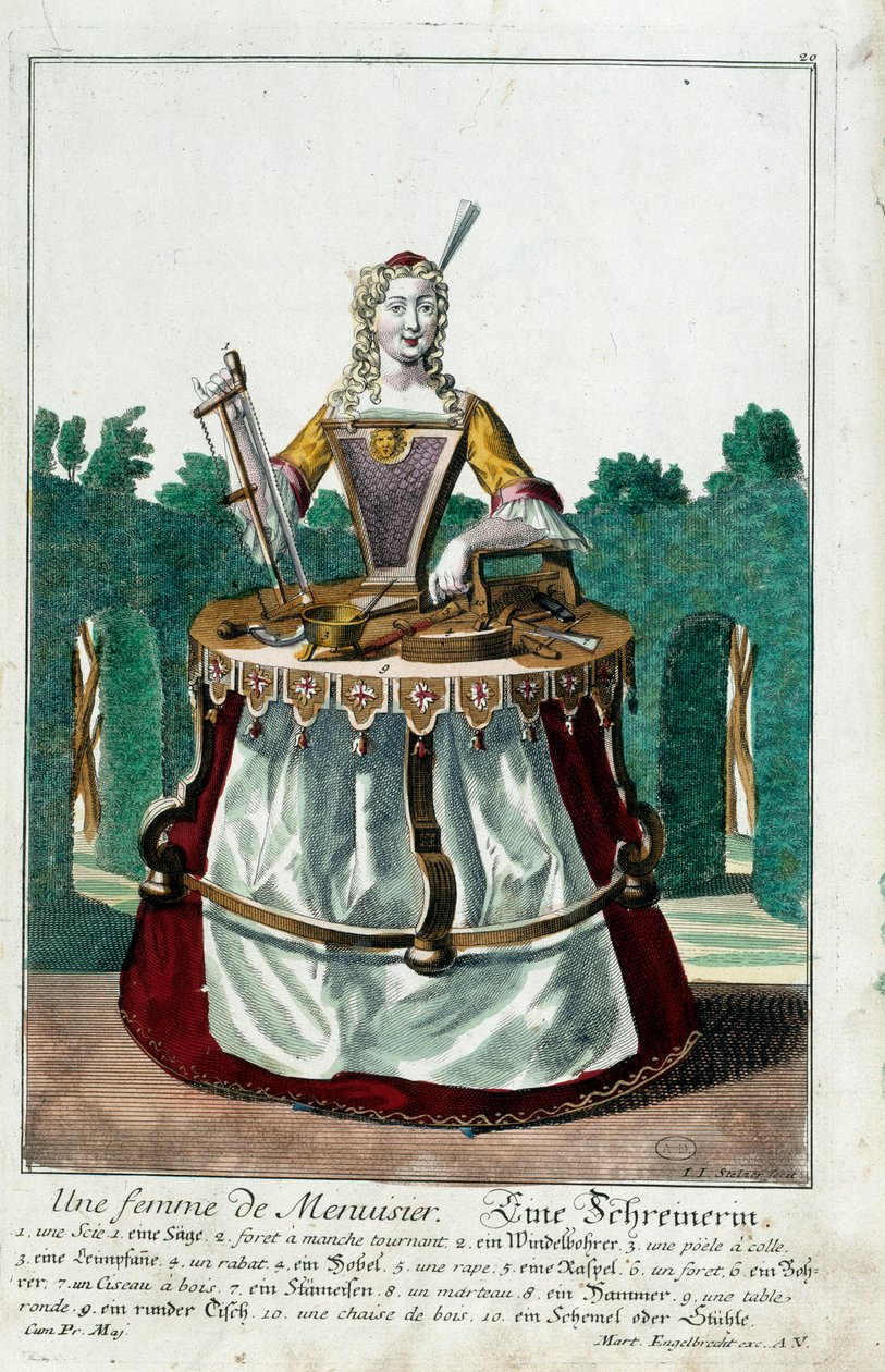 Metier: En snickarfru. Gravyr av Martin Engelbrecht (1684-1756), i "" Ny sammansättning av manouvries habilles"" 1700-tal, Tyskland. Paris, Dekorativ konst av Martin Engelbrecht