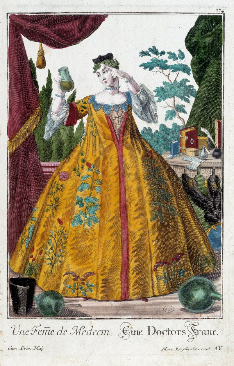 Metier: En doktors fru. Gravyr av Martin Engelbrecht (1684-1756), i "" Ny sammansättning av manouvries habilles"" 1700-tal, Tyskland. Paris, Dekorativ konst av Martin Engelbrecht