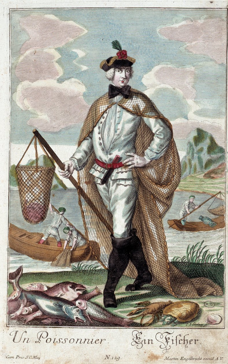 Metier: Ett fiskträd. Gravyr av Martin Engelbrecht (1684-1756), i "" Ny sammansättning av manouvries habilles"" 1700-tal, Tyskland. Paris, Dekorativ konst av Martin Engelbrecht