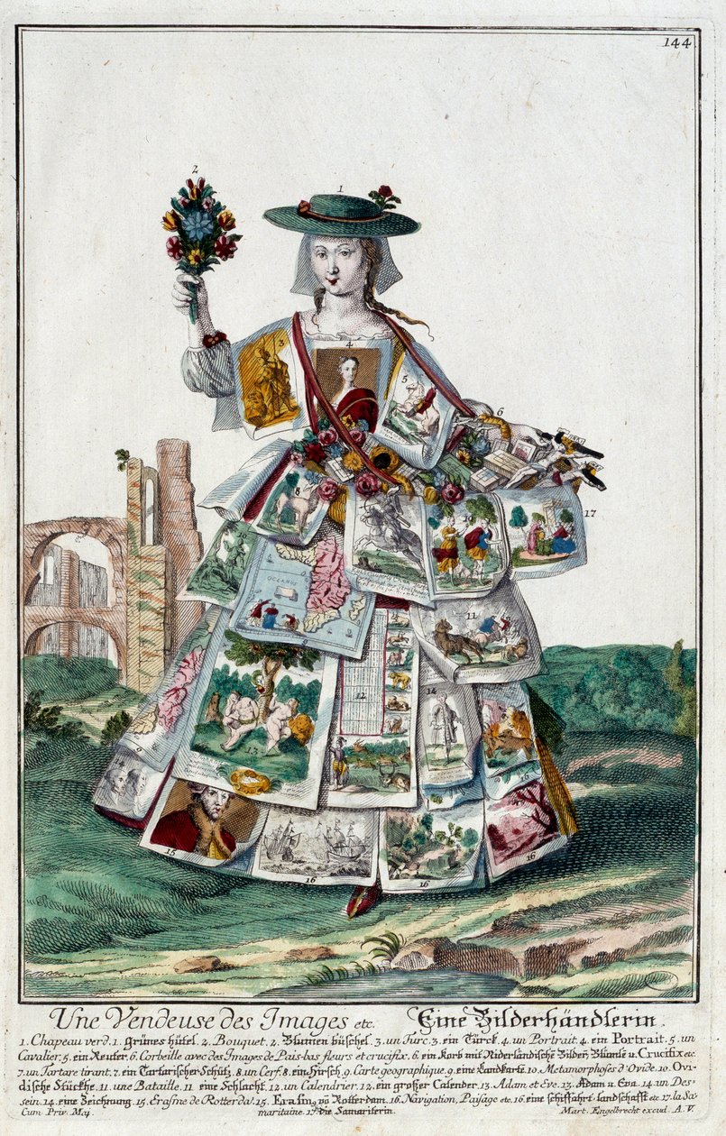 Metier: En bildförsäljare. Gravyr av Martin Engelbrecht (1684-1756), i "" Ny sammansättning av manouvries habilles"" 1700-tal, Tyskland. Paris, Dekorativ konst av Martin Engelbrecht
